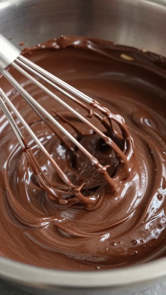 whisked glossy chocolate batter in metal bowl, macro