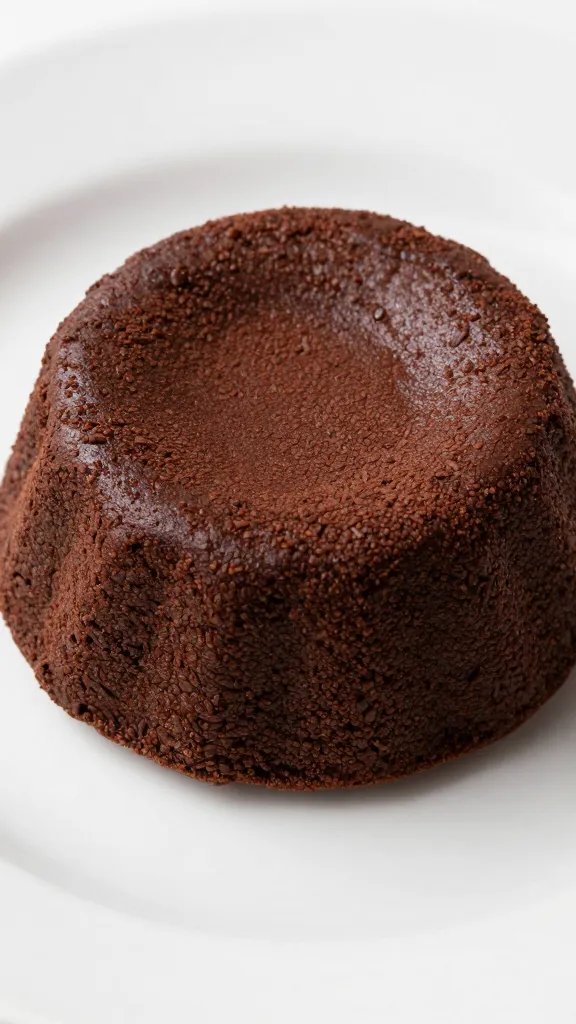 cocoa-dusted white plate holding lava cake, closeup