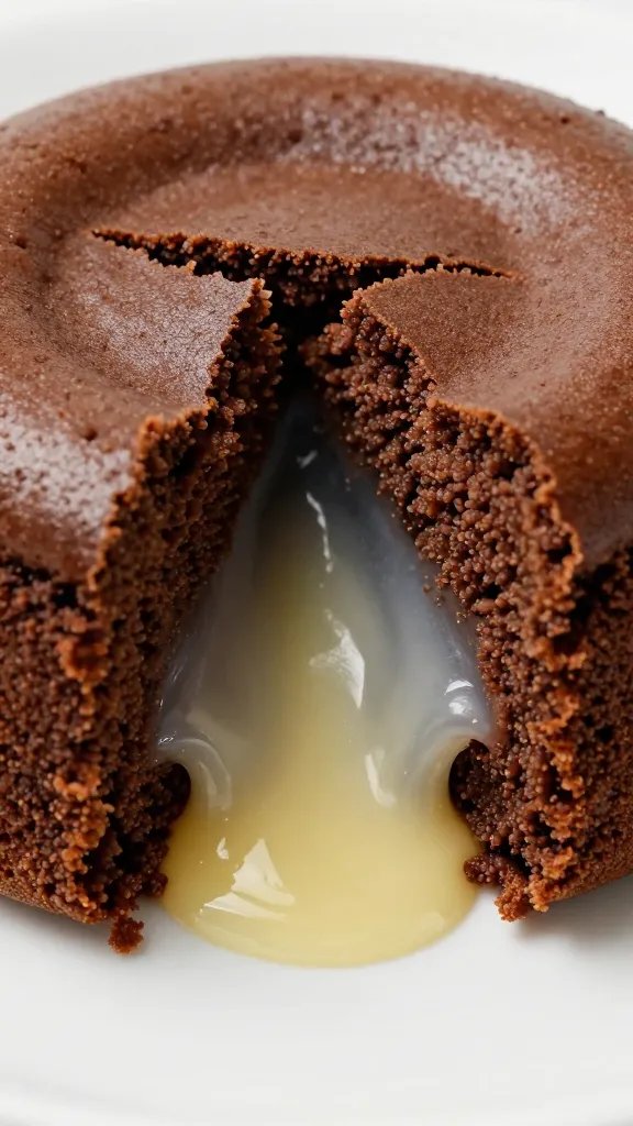 cracked lava cake revealing flowing center, macro