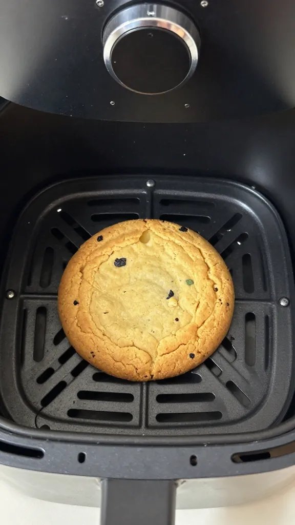 single air fryer basket holding one baked keto cookie