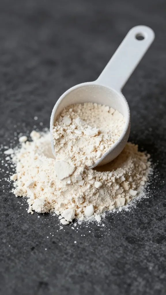 almond flour measuring scoop spilling onto dark countertop