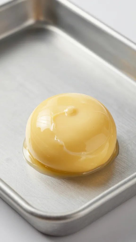 glossy butter-coated cookie dough scoop against metal tray