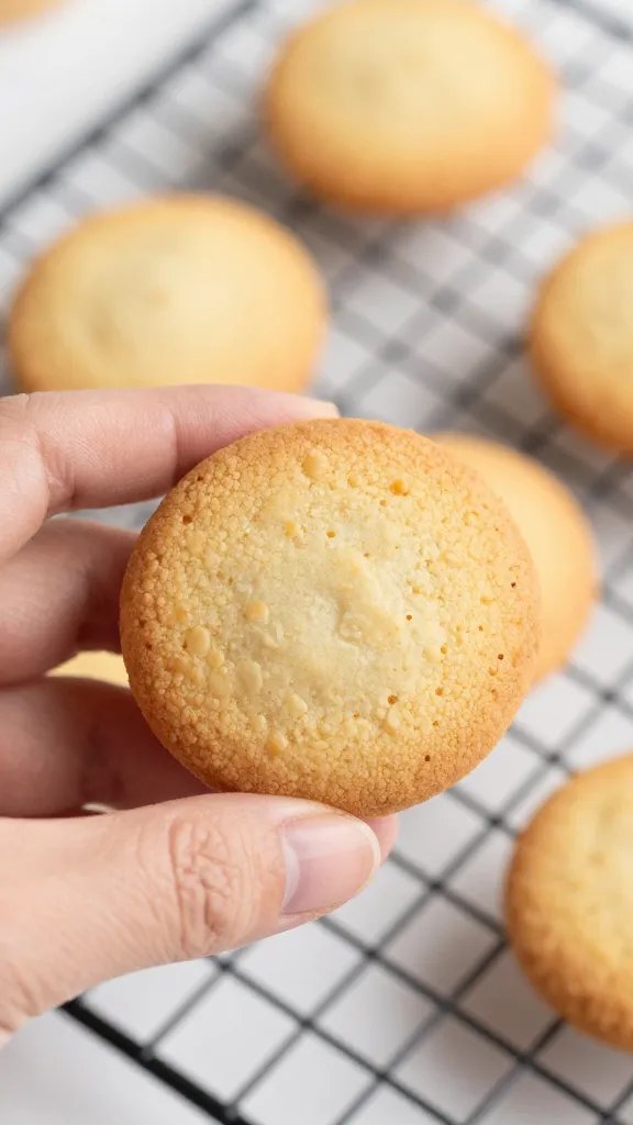 hand holding one keto cookie over cooling rack closeup