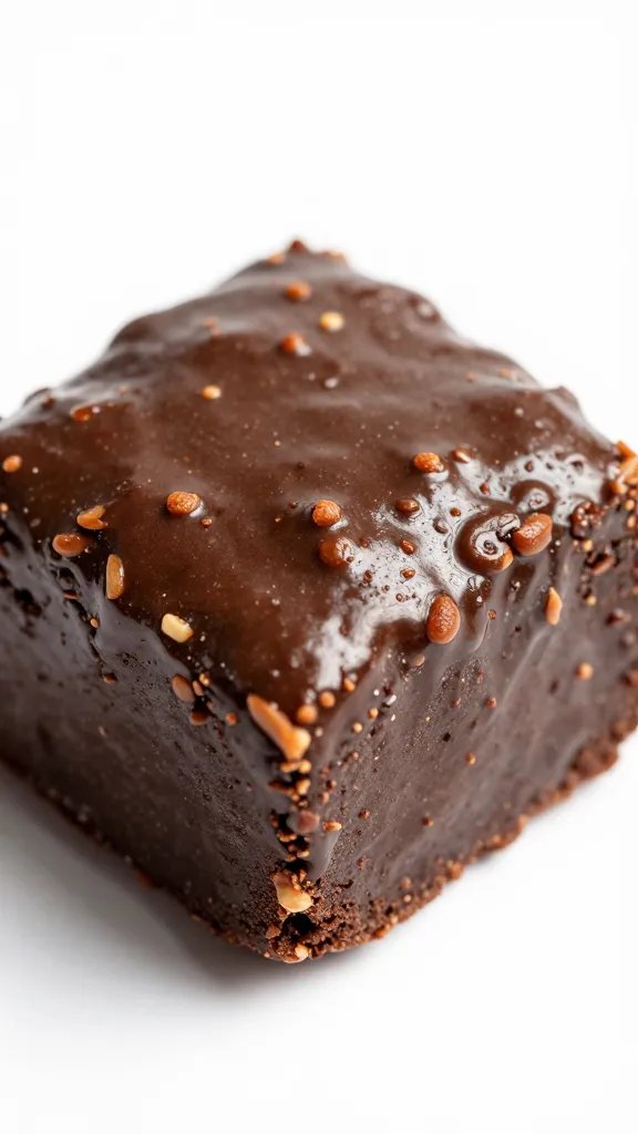closeup square brownie fat bomb with glossy snap surface