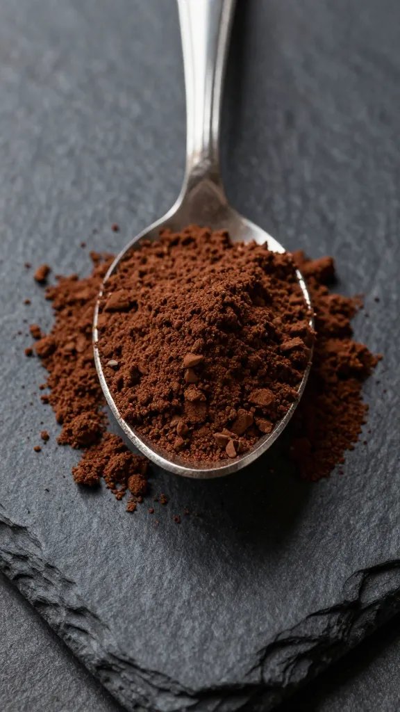 spoonful of cocoa powder mounded on black slate