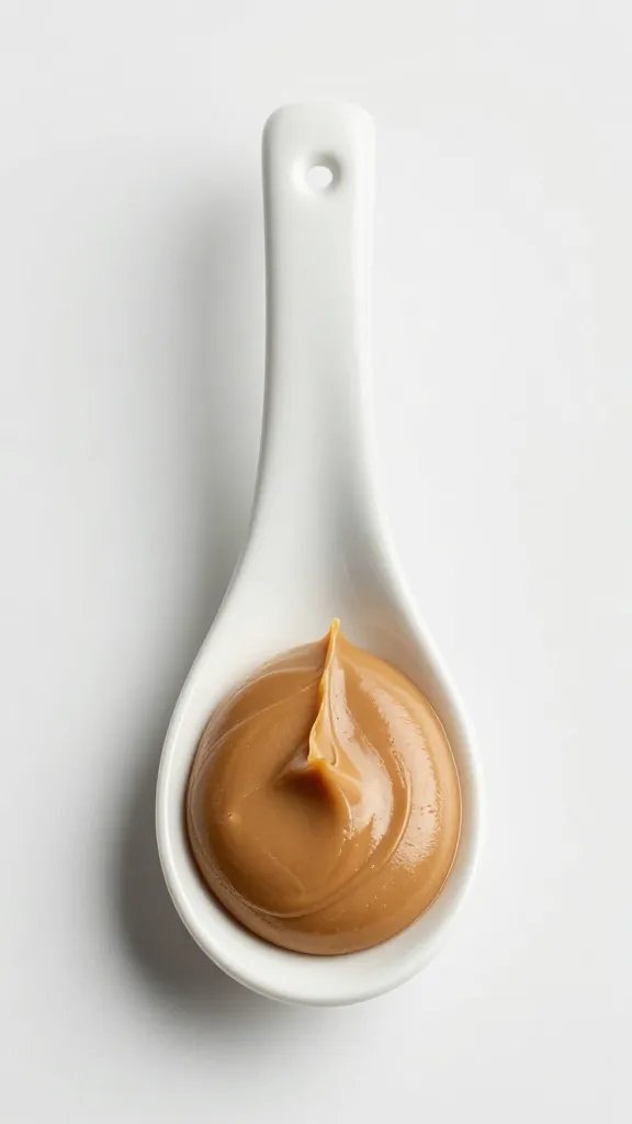 dollop of almond butter on matte ceramic spoon