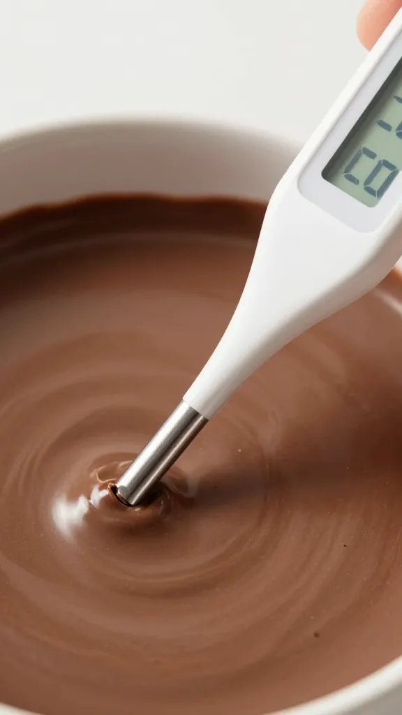 digital thermometer tip reading in warm chocolate mixture