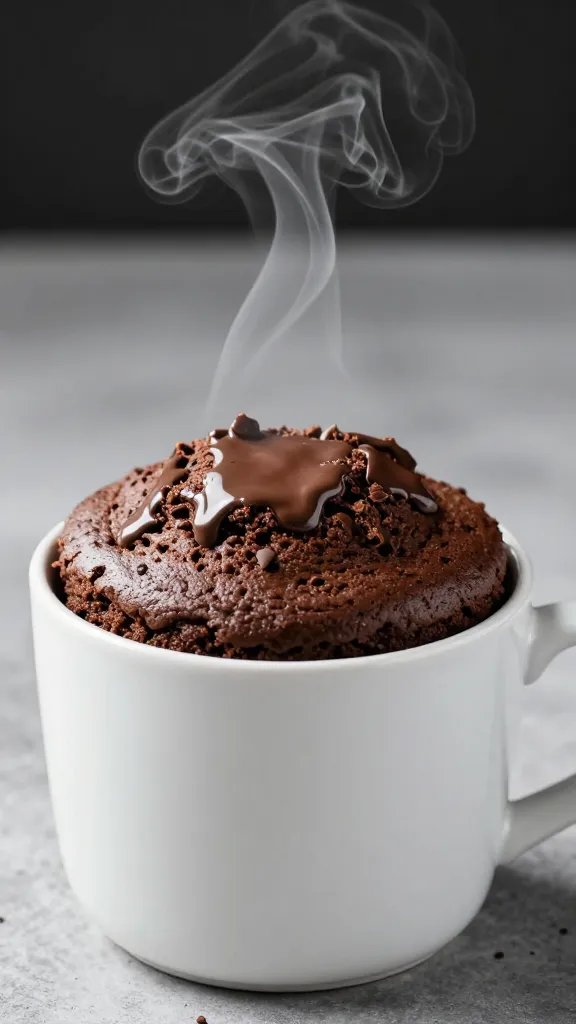 steaming chocolate keto mug cake in white ceramic mug