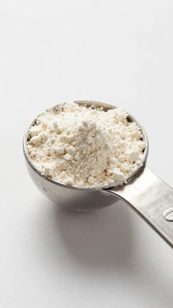 closeup of almond flour in stainless measuring spoon