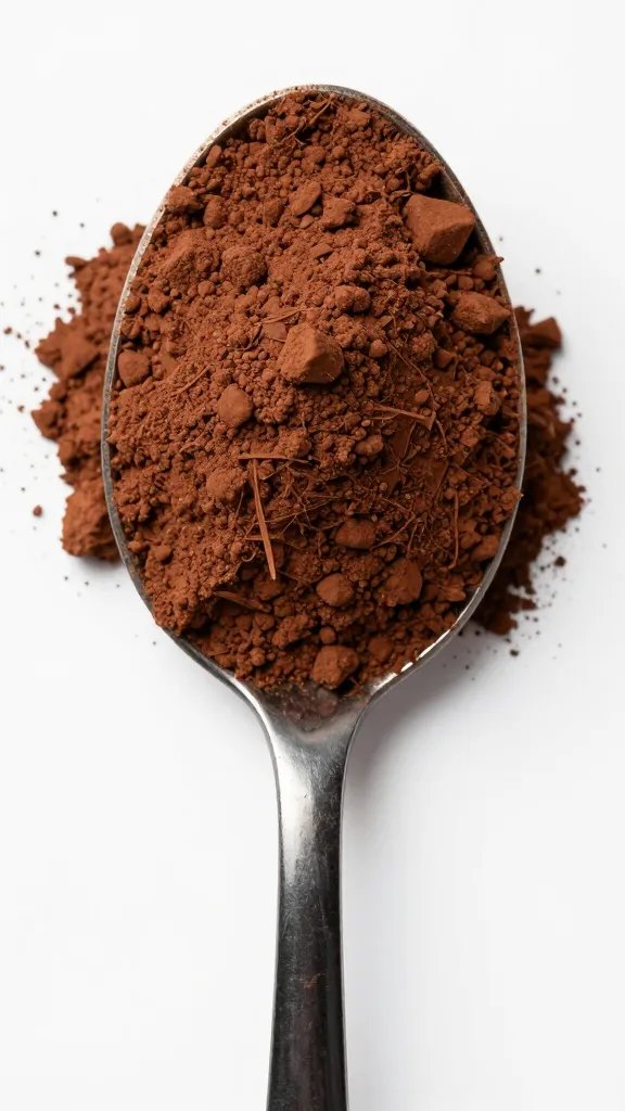 heaped unsweetened cocoa powder in black spoon