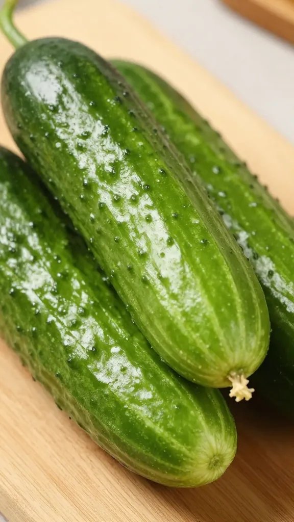 closeup of English cucumber with glossy skin on board