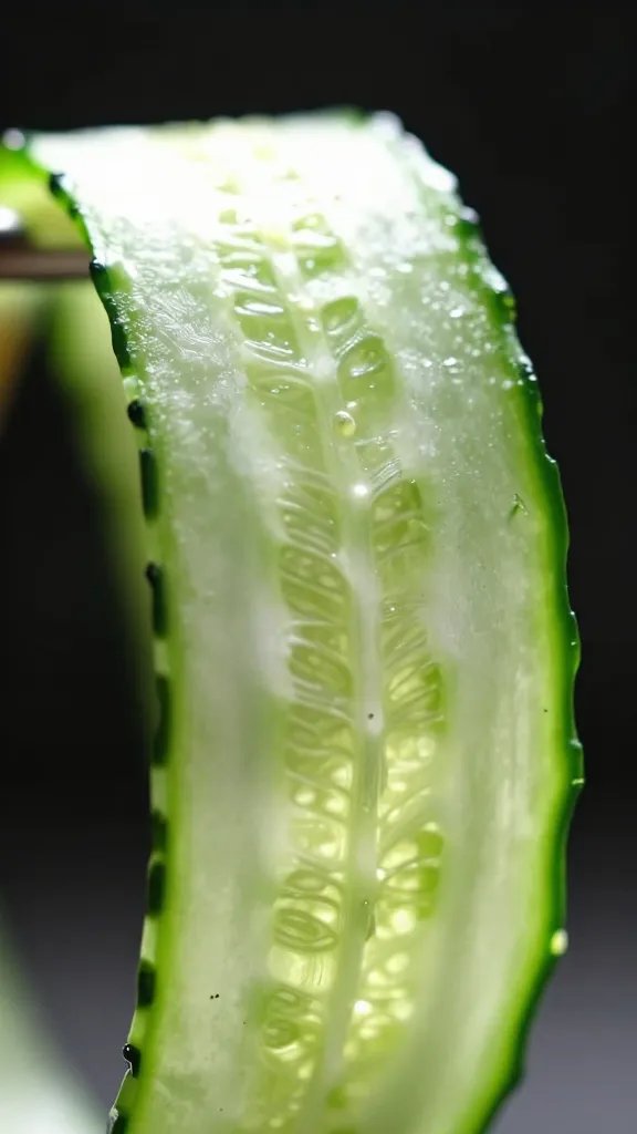 thin cucumber ribbon sliced lengthwise, backlit closeup