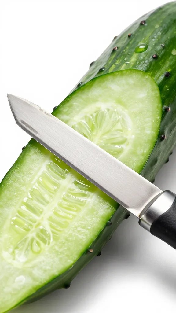 mandoline slicing an English cucumber, blade detail