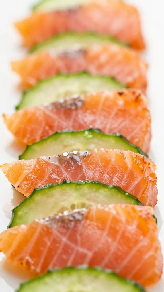 smoked salmon strip aligned on cucumber ribbon closeup