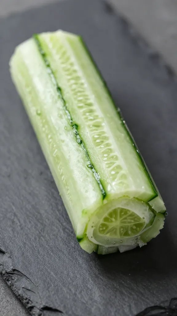 single cucumber roll seam-side down on slate plate
