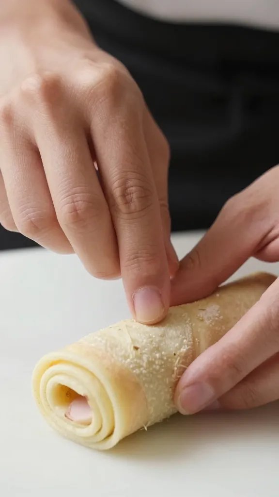 chef’s hand pinching roll to seal, fingertip closeup