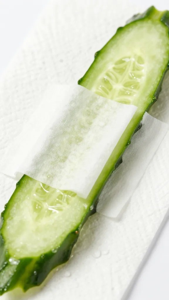 paper towel blotting cucumber ribbon moisture, macro