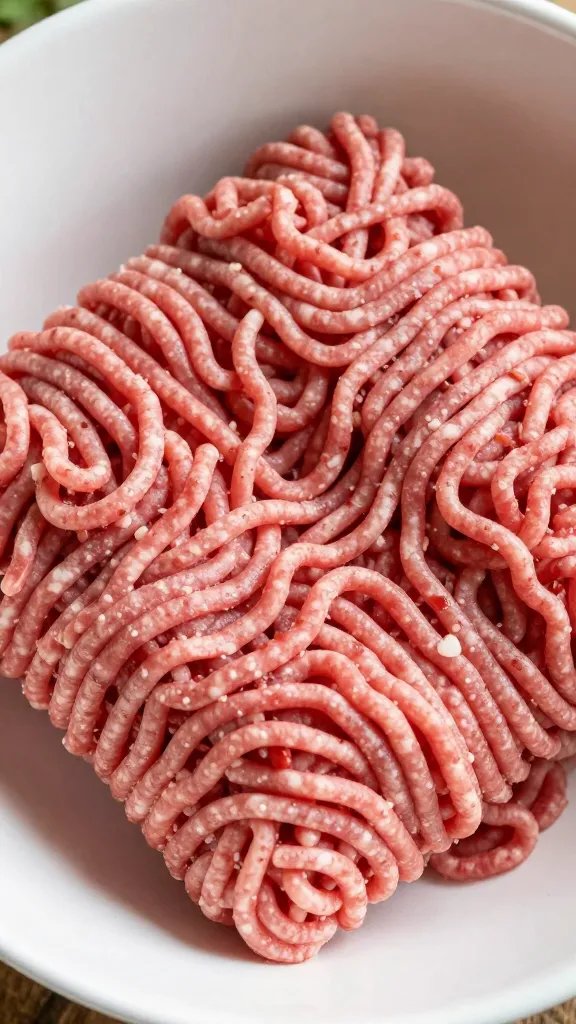 Closeup of raw 80–85% lean ground lamb in chilled bowl