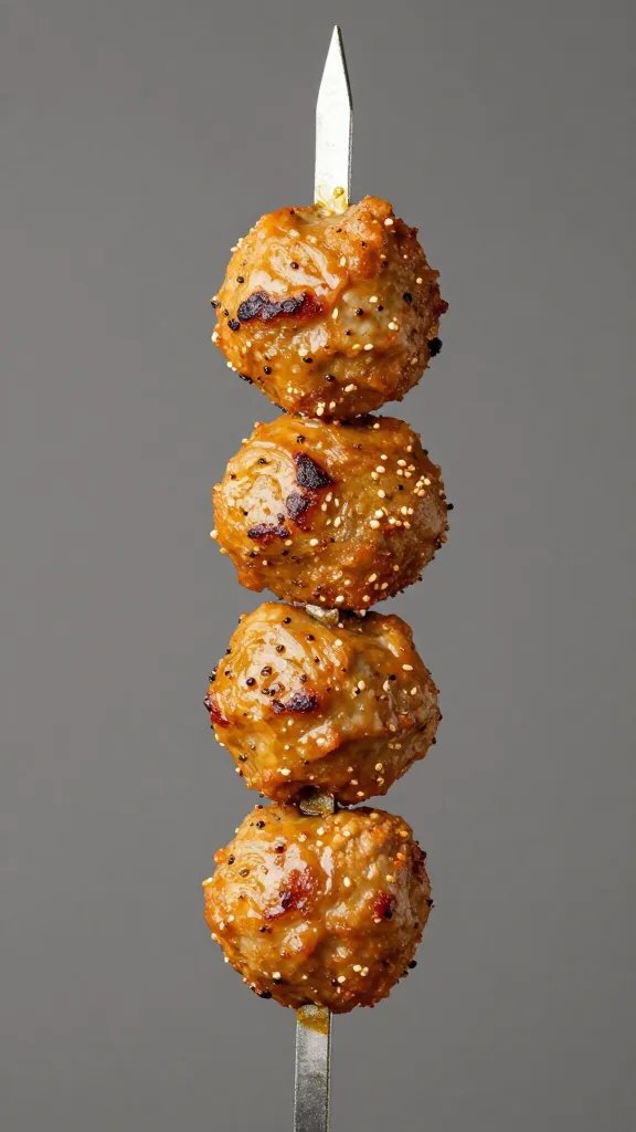 One formed lamb kofta on metal skewer, uncooked