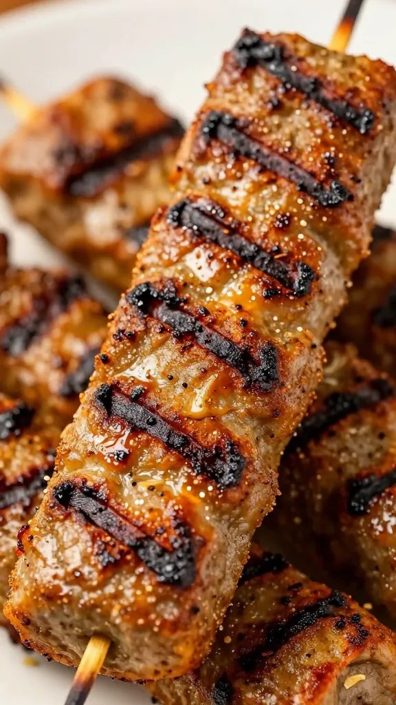 Seared lamb kofta skewer with grill marks, tight closeup