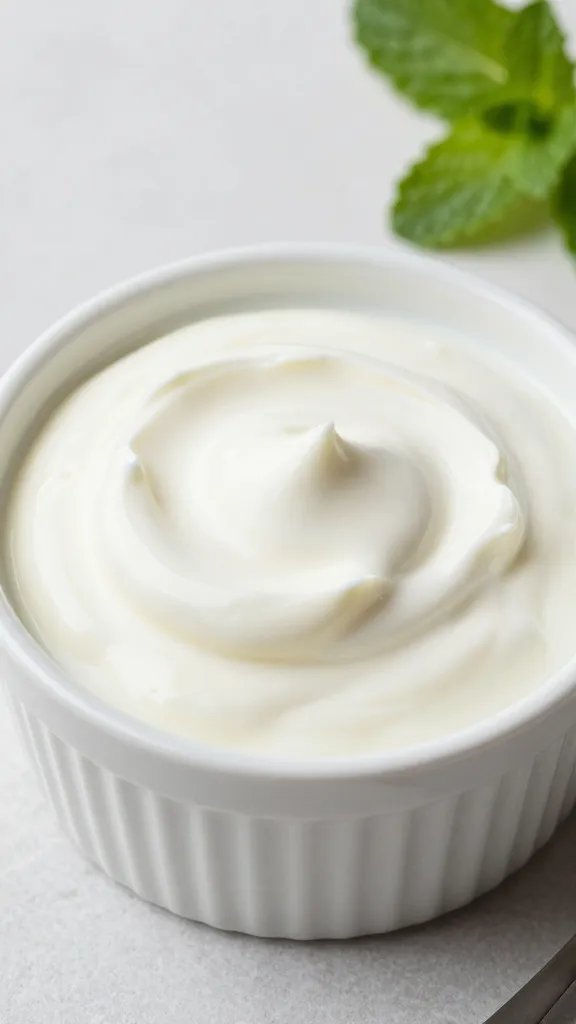 Dollop of creamy mint yogurt in small white ramekin