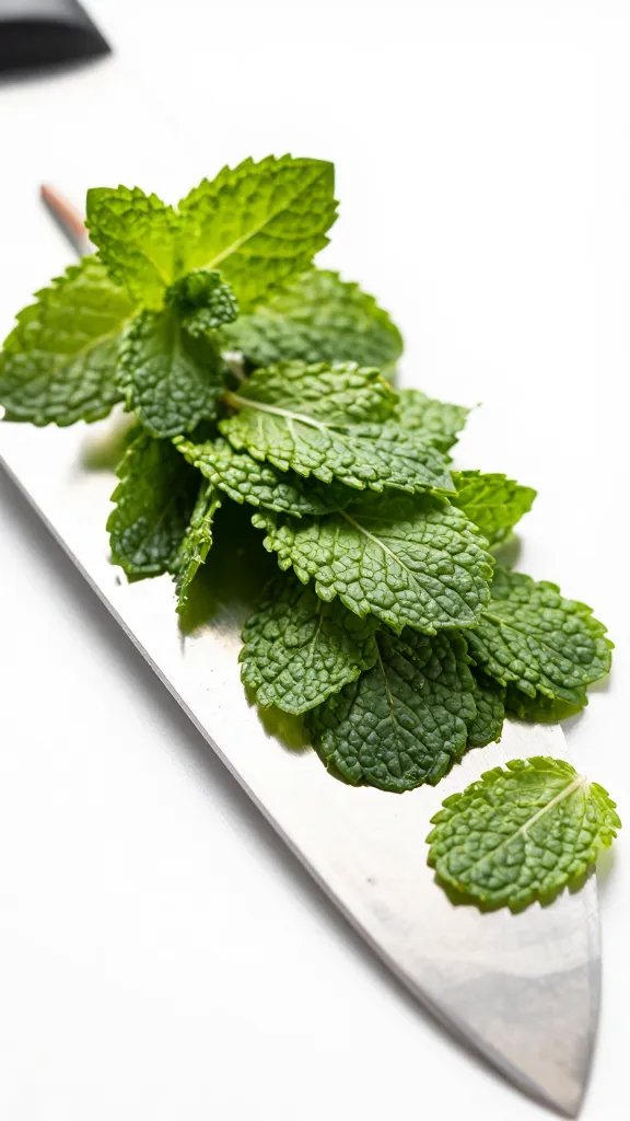 Finely chopped fresh mint on chef’s knife blade
