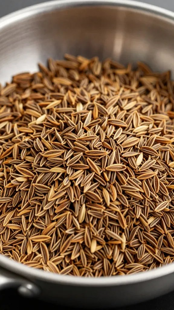 Toasted cumin seeds in small stainless pan, macro shot