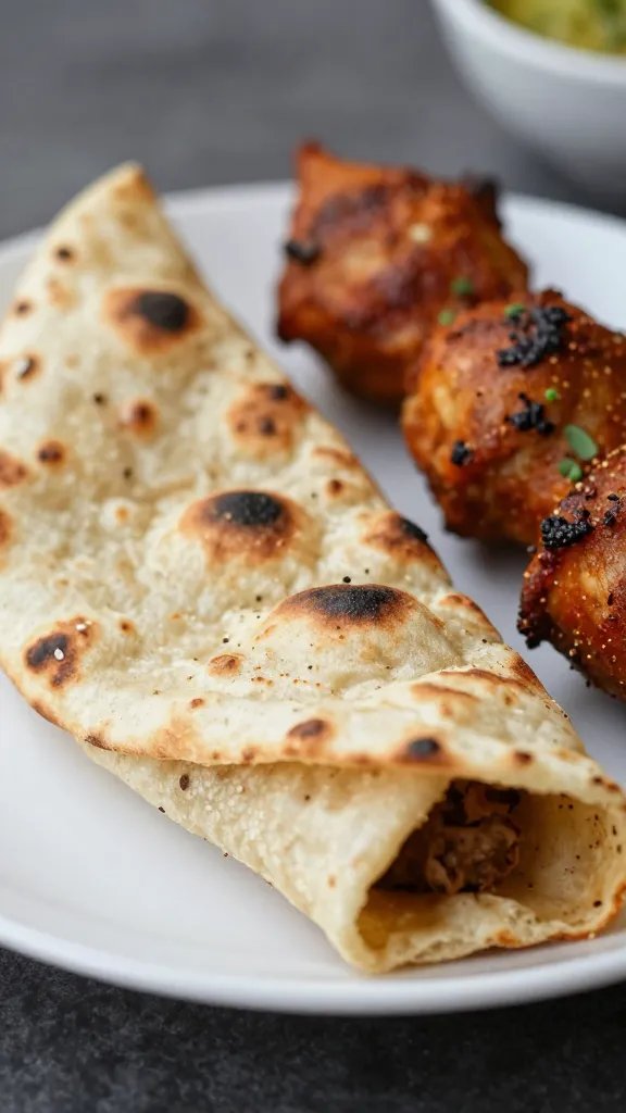 Single warm naan folded beside lamb kofta, shallow focus