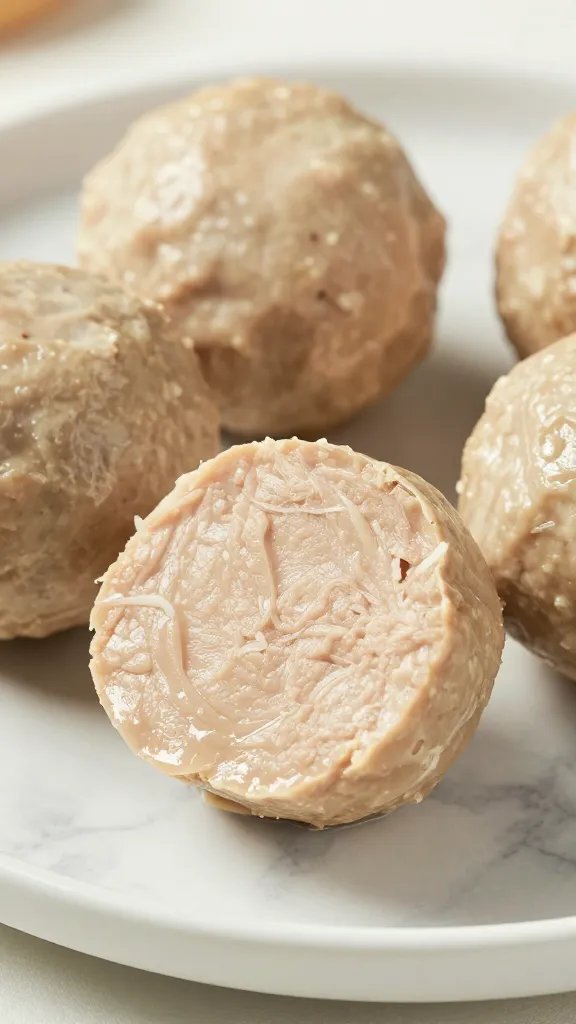 closeup of juicy turkey meatball sliced open, marble plate
