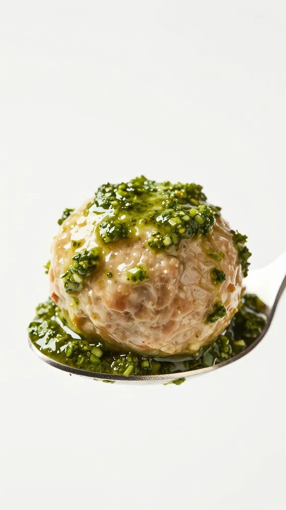 single turkey meatball on spoon, glossy pesto coating