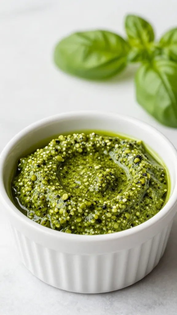 bright green basil pesto in small ramekin