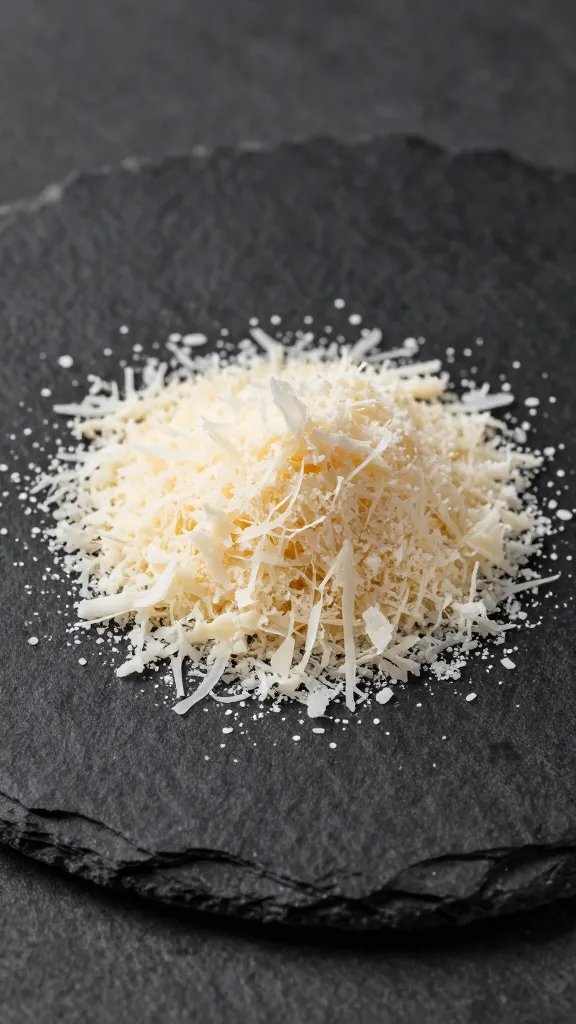 grated Parmesan mound on black slate