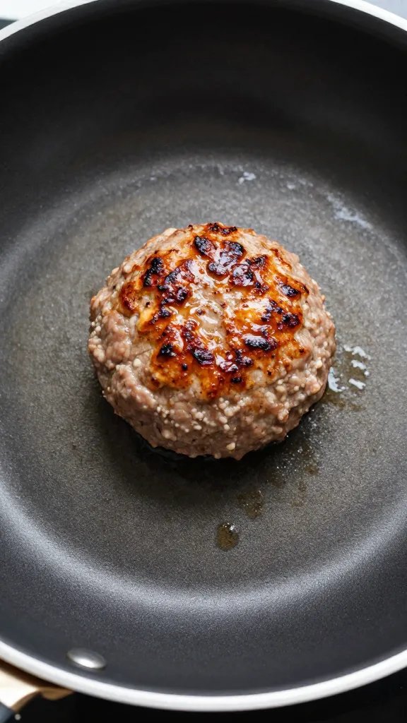 nonstick skillet with one searing turkey meatball