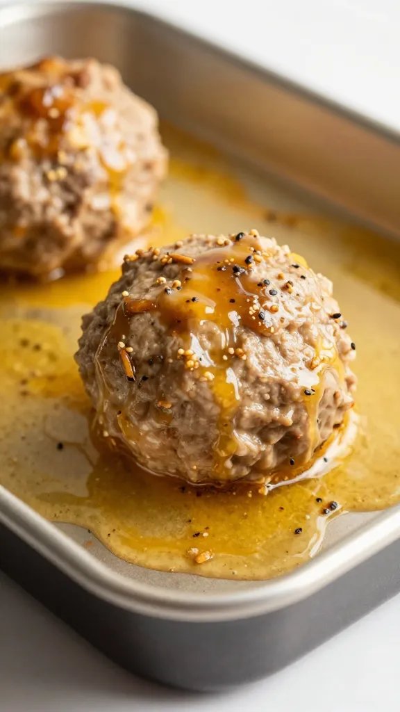 sheet pan with one baked turkey meatball, golden juices