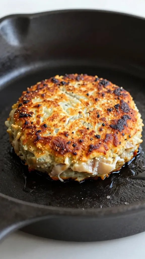 single crispy tuna cake on cast-iron skillet, closeup