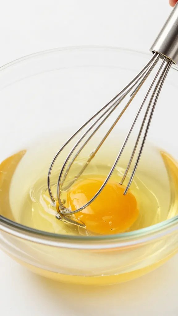 beaten egg in glass bowl with whisk, closeup