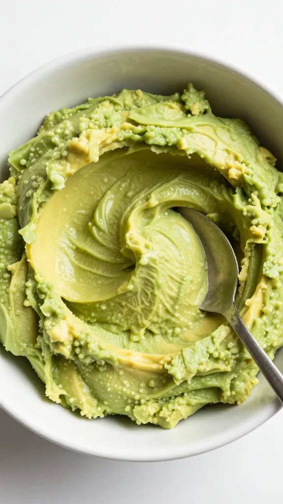 mashed avocado in ceramic bowl, spoon marks visible