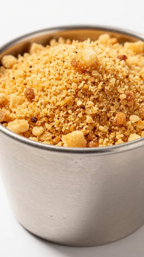 toasted breadcrumbs in stainless steel prep cup, macro