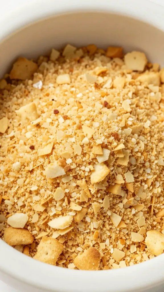 crushed crackers in mortar, fine crumbs, closeup