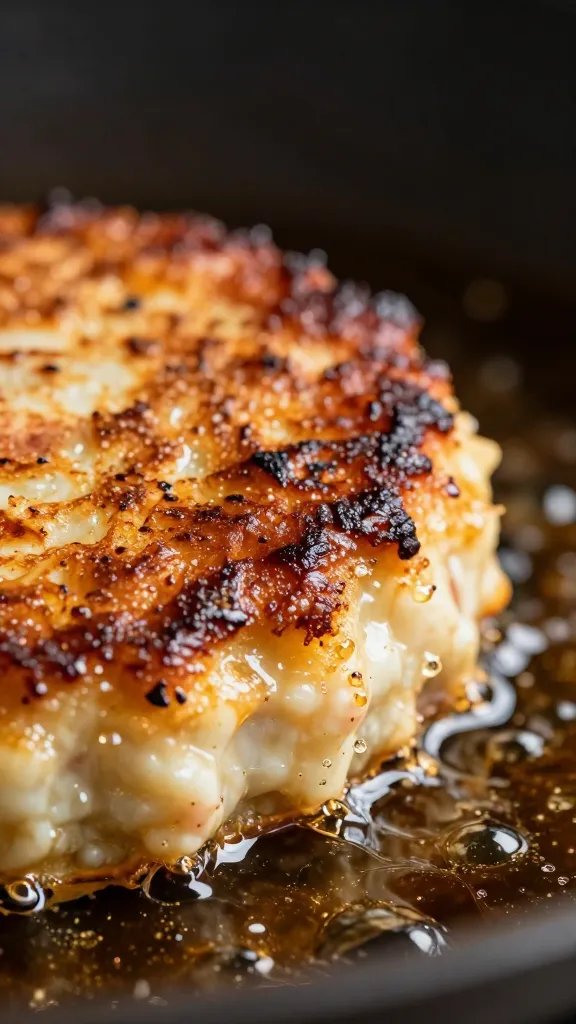 sizzling tuna cake edge in hot oil, macro