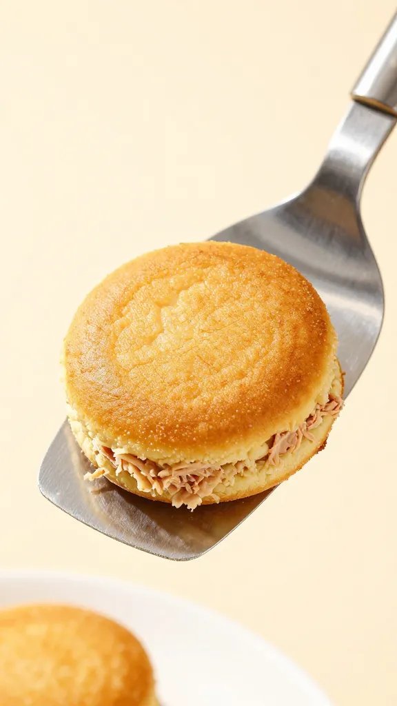 wobbly metal spatula lifting tuna cake, closeup