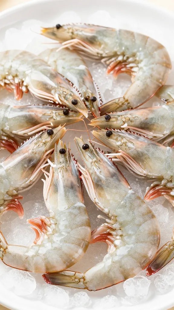 closeup of brined raw shrimp 16–20 count on ice