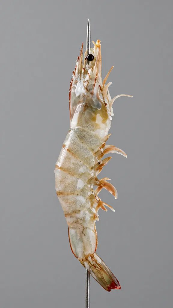 single double-skewered shrimp, straightened, on metal skewers