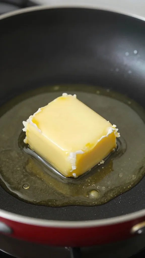 closeup of garlic butter melting in small skillet