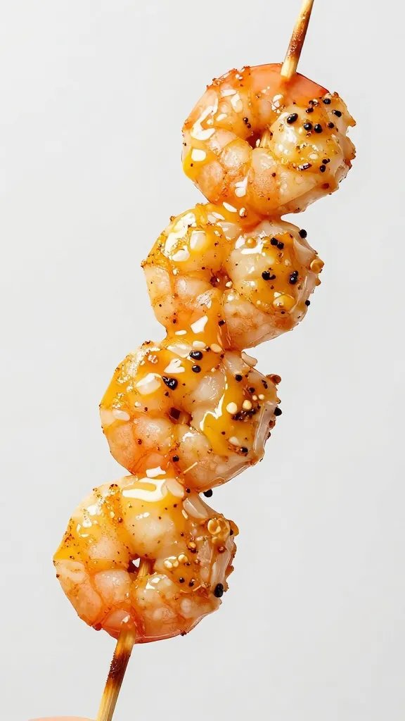 seared shrimp skewer with glossy garlic butter glaze