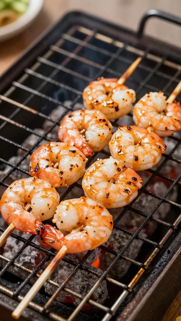 shrimp skewer over hot grill grates with defined char