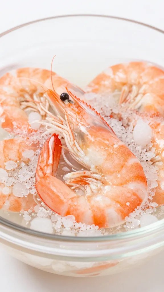 closeup of coarse salt brine in glass bowl with shrimp