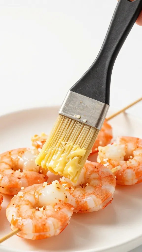 basting brush coated in garlic butter above shrimp skewer