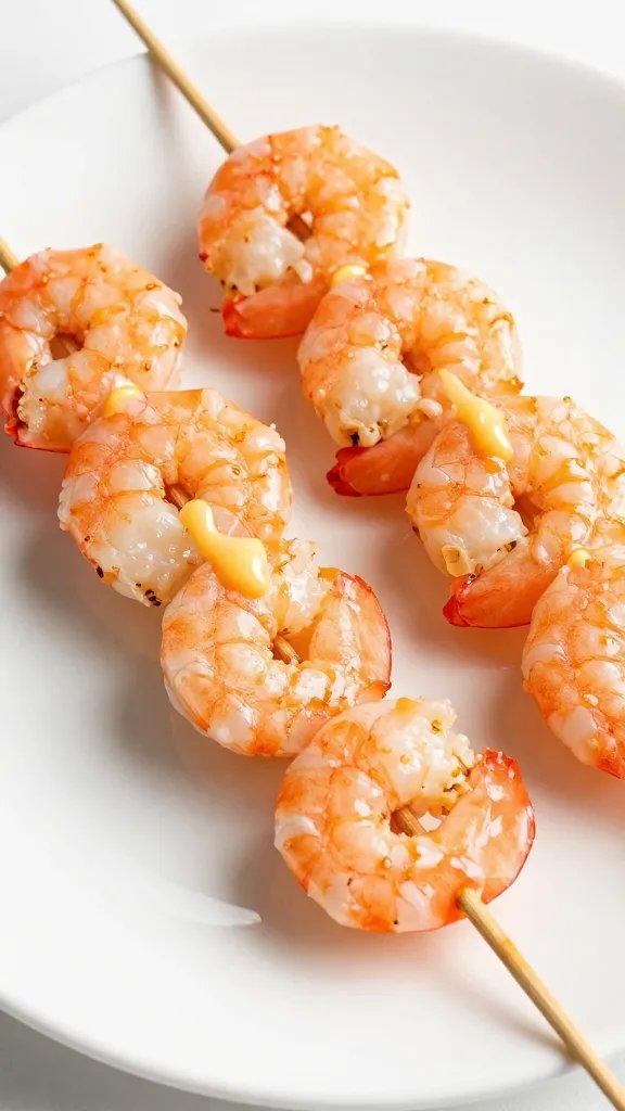 finished shrimp skewer resting on white plate, glistening butter