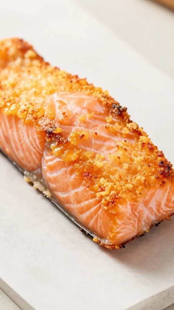 closeup of golden crispy salmon bite on parchment